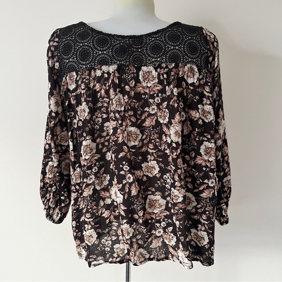 Denim & Supply Ralph Lauren Contrast Floral Lace Top Blouse Brown  Tan Sz M - Picture 2 of 13